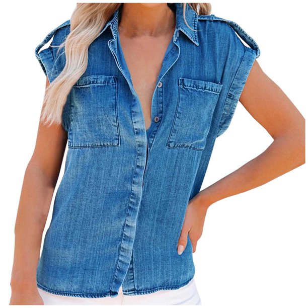 Camisa vaquera retro adelgazante de verano para mujer - Blusa informal de manga corta en color liso - Tejido ligero y transpirable