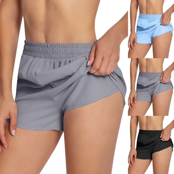 FRSASU Women's High Waisted Dolphin Running Shorts with Liner, Gym Workout Athletic Shorts with Zipper Pocket Sky Blue