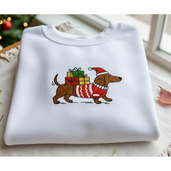Embroidered Dachshund Christmas Sweatshirt, Cute Wiener Dog Holiday Sweater, Funny Sausage Dog Xmas Shirt, Pet Lover Gift