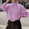 thumbnail image 2 of Women's Gingham Plaid Cropped Windbreaker Jacket Zip Up Mock Neck Long Balloon Sleeve Wind‑Resistant Loose Fit Casual Fall Spring Outerwear Purple, 2 of 9