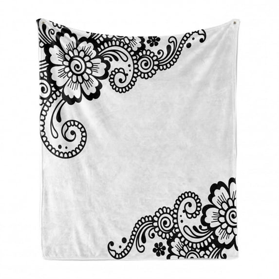 East Soft Flannel Fleece Throw Blanket, Floral Corner Ornaments with Swirls and Blossoms Monochrome Folkloric Inspirations, Cozy Plush for Indoor and Outdoor Use, 60" x 80", White Black, by Ambesonne