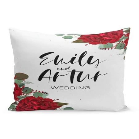 ECCOT Wedding Save The Date Floral Bouquet Red Burgundy Rose Pillowcase Pillow Cover Cushion Case 20x30