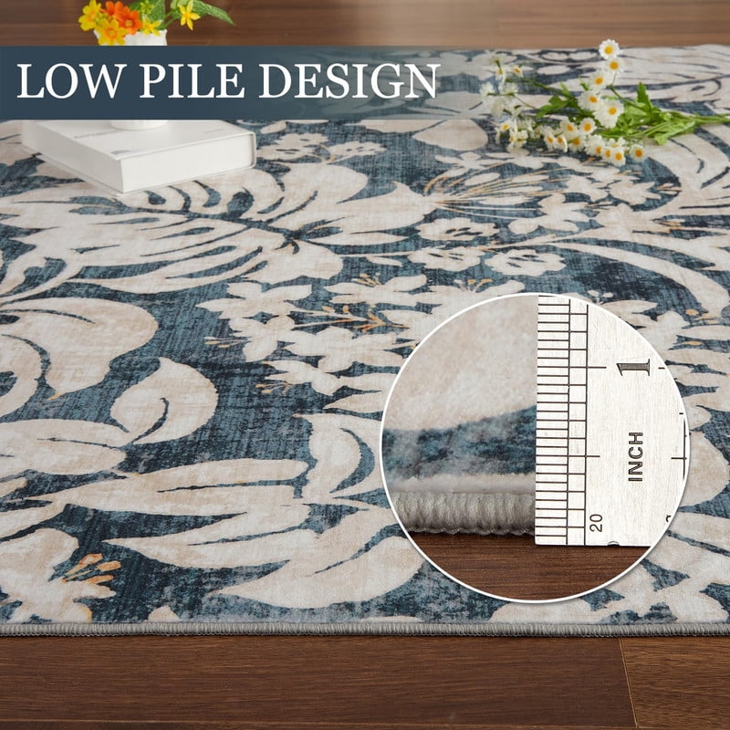 Washable 9x12 Large Area Rugs for Living Room Non-Slip Modern Botanical Floral Rugs Accent Floor Carpet for Bedroom Dining Room Blue
