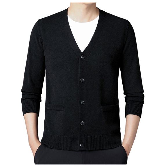JTieacloth Casual Mens Sweaters Men's Knitted Cardigan Autumn And Winter Long Sleeved V Neck Wool Yarn Knit Sweater Jacket Trend Texture Solid Colour Button(Black)