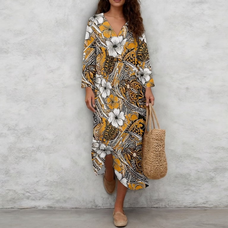 Xixirimido Boho Floral Orange Print Women's Casual 3/4 Sleeve Midi Dress V  Neck A-Line Loose Flowy Linen Dress Beach Travel Long Dresses for Spring ...