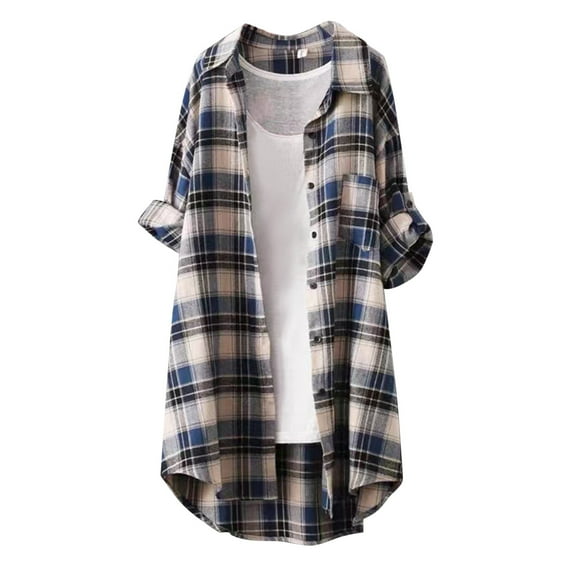 Tiweut Women Long Sleeve Shirts Plaid Loose Lazy Lapel Open Front Relaxed Fit Tops