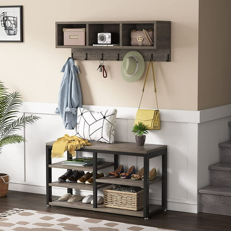 Tribesigns Coat Rack Shoe Bench Set Shoe Rack Bench with Coat Rack 3 Storage Cubbies 7 Hooks for Entryway Vintage Grey