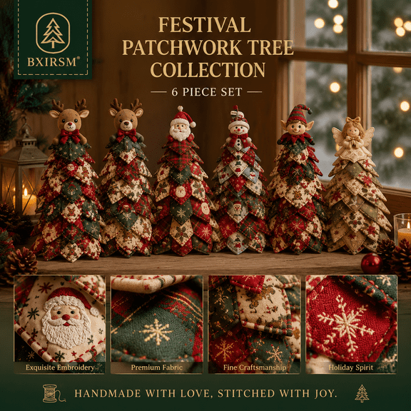 Quilted Fabric Christmas Tree Decoration, Patchwork Tabletop Xmas Tree with Character Topper, Light-Up & Non-Lit Holiday Centerpiece for Mantel