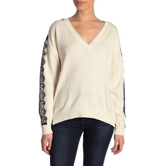 14th & Union women's Lace Trim V-Neck Sweater In Ivory Size XL