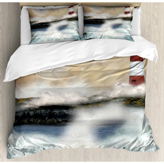Lighthouse Duvet Cover Set King Size, Oil Painting Style Artwork of Stormy Sea Splashing Waves Moon and Lighthouse, Decorative 3 Piece Bedding Set with 2 Pillow Shams, Multicolor, by Ambesonne