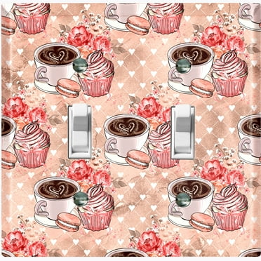 Metal Light Switch Wall Plate Outlet Cover (Coffee Mocha Espresso Heart Cupcake Macaron Flower Bouquet Pink - Double Toggle)