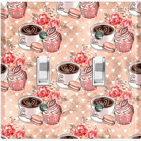 Metal Light Switch Wall Plate Outlet Cover (Coffee Mocha Espresso Heart Cupcake Macaron Flower Bouquet Pink - Double Toggle)