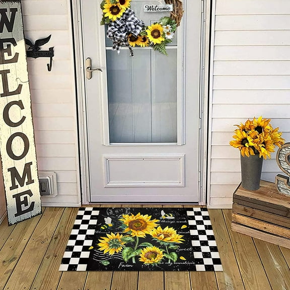 Summer Sunflower Entrance Door Mat, Buffalo Plaid Black White Low Profile Kitchen Decor Welcome Doormat, Non-Slip Carpet Rugs Floor Mat Decorative for Home Bathroom Kitchen Indoor - 20"x31.5"