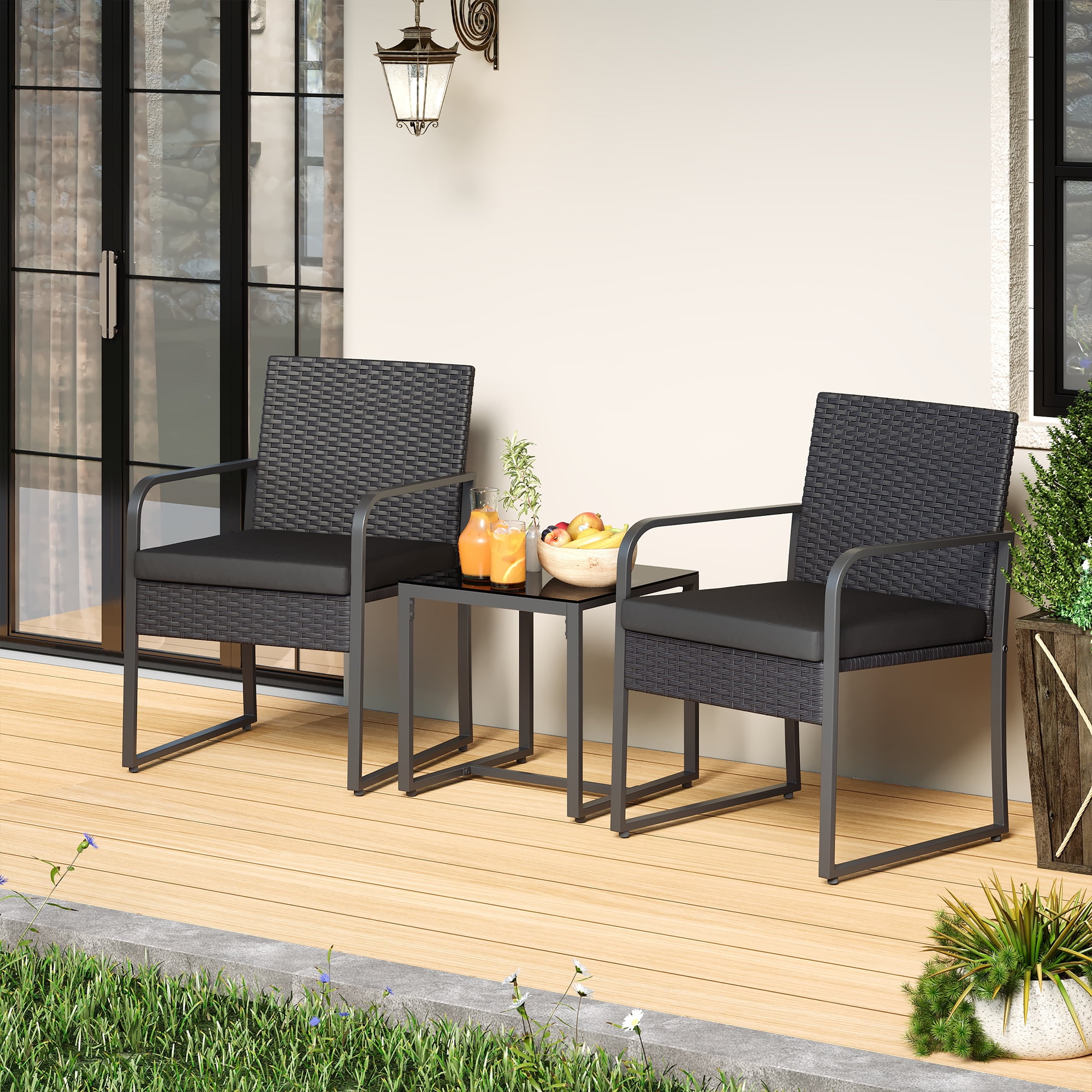 Lofka Patio Furniture Outdoor Conversation Set with Tempered Glass Coffee Table and 2 Seats for Porch | Bistro | Balcony, Black Cushion
