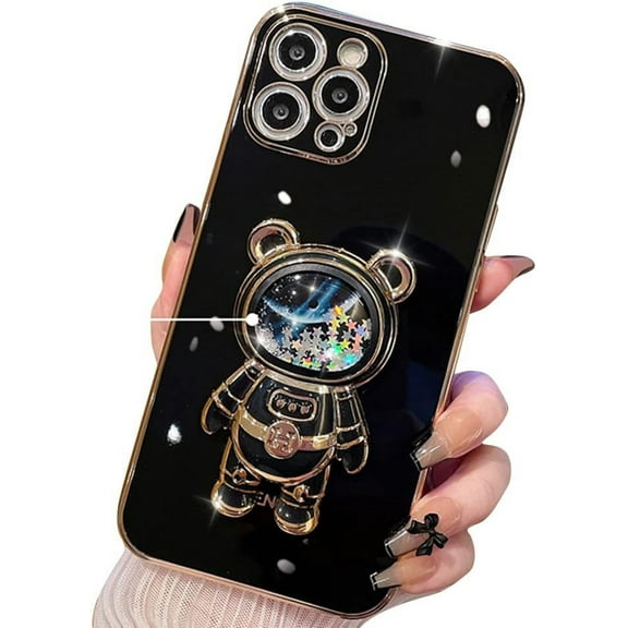Compatible with iPhone Case,Cute Astronauts Glitter Sparkle Bling Liquid Quicksand Electroplated Holder Kickstand Stand Shockproof Cover Phone Case (Black,iPhone 14 Plus)