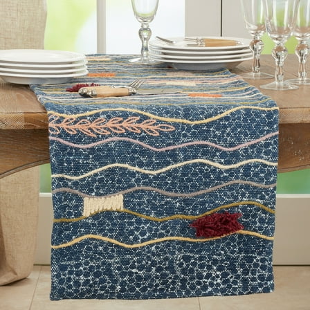 Saro Lifestyle Block Print Table Runner With Multi-Color Embroidered Design