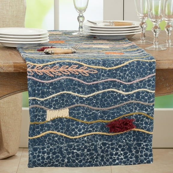 Saro Lifestyle Block Print Table Runner With Multi-Color Embroidered Design