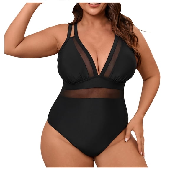 Lopeceal Women's Plus Size Tummy Control Bathing Suit Contrast Mesh Sexy One Piece V Neck Swimsuit