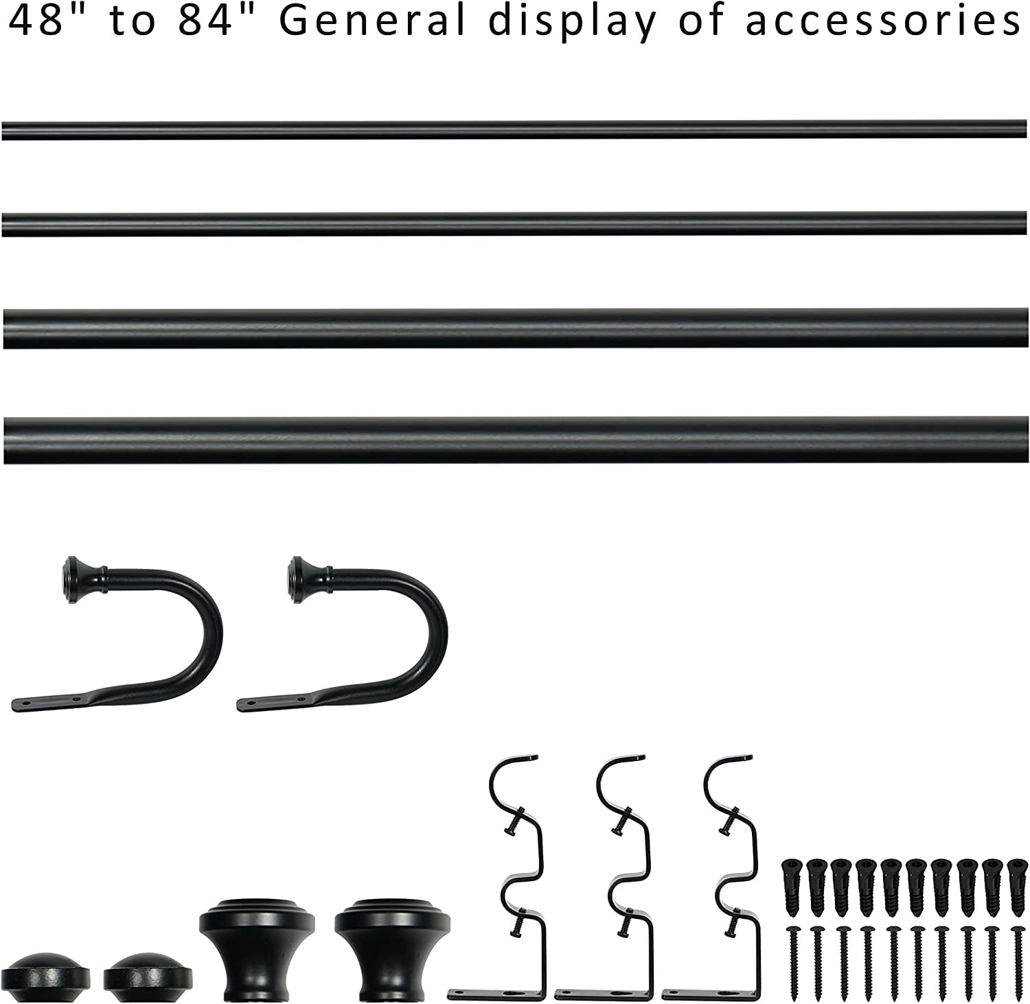 eTeckram 1" Double Curtain Rod with Black Trumpet Finials and holdbacks, 48" to 84"