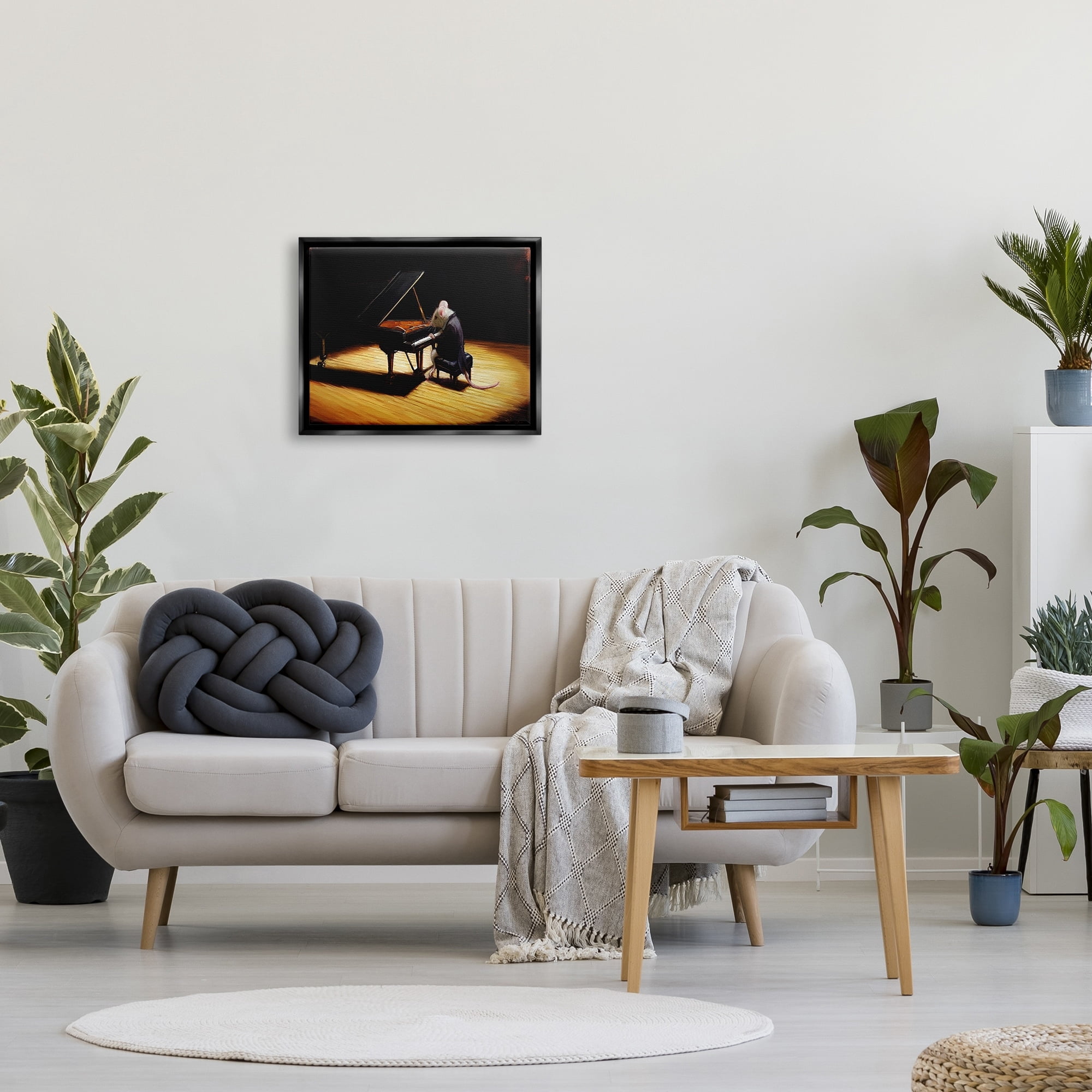 Stupell Industries Mouse Musician Playing Grand Piano Stage Spotlight Painting Jet Black Floating Framed Canvas Print Wall Art, Design by Lucia Heffernan