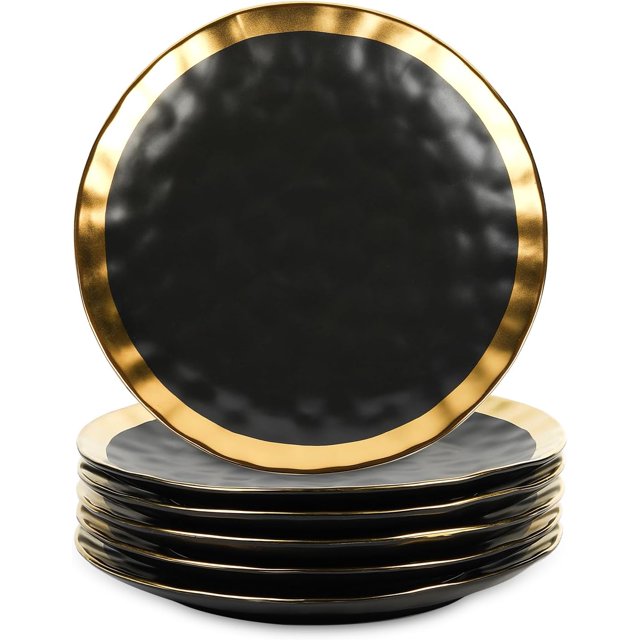 vicrays Ceramic Dinner Plates Set, 10 Inch, Set of 6, Round, Dishwasher Safe, NOT Microwave Safe, Suitable for Steak, Pasta, Home, Party, Restaurant(Black with Golden)