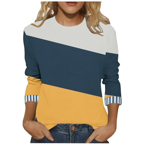 Womens Plus Size Fall Clothes, Crewneck Tees for Women Fashion Loose Fit Color Patchwork 3/4 Sleeve Shirts