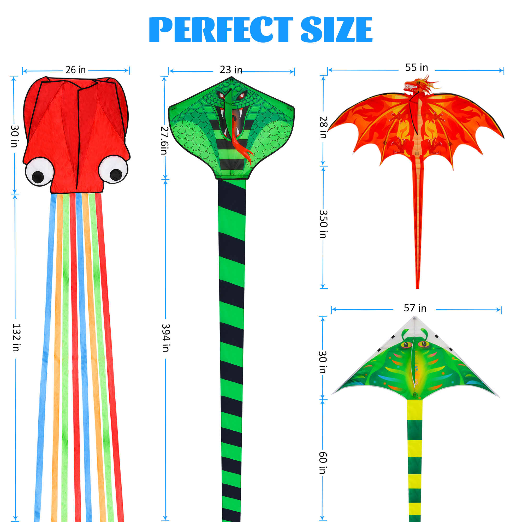 4 Pack Kites - Large Fire Dragon Kite Green Snake Kite Devil Fish Kite Red Mollusc Octopus with Long Colorful Tail for Kids Adults Outdoor Game Activities