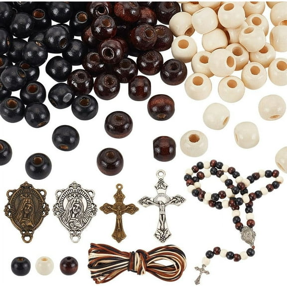 744pcs Rosary Jewelry Making Kit First Communion Necklace Natural Wood Beads Making Set Centerpiece Alloy Chandelier and Beading Wires for Easter Eid Mubarak Ramadan diy