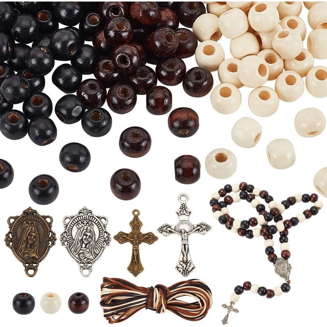 Kit de 744 piezas para hacer rosarios, collares de primera comunión, cuentas de madera natural, centro de mesa, candelabro de aleación y alambres para abalorios.