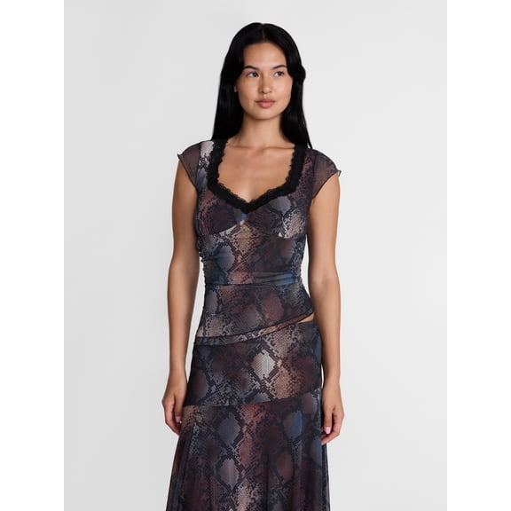 Madden NYC Women’s Asymmetrical Lace Top with Cap Sleeves, Sizes XXS-XXL