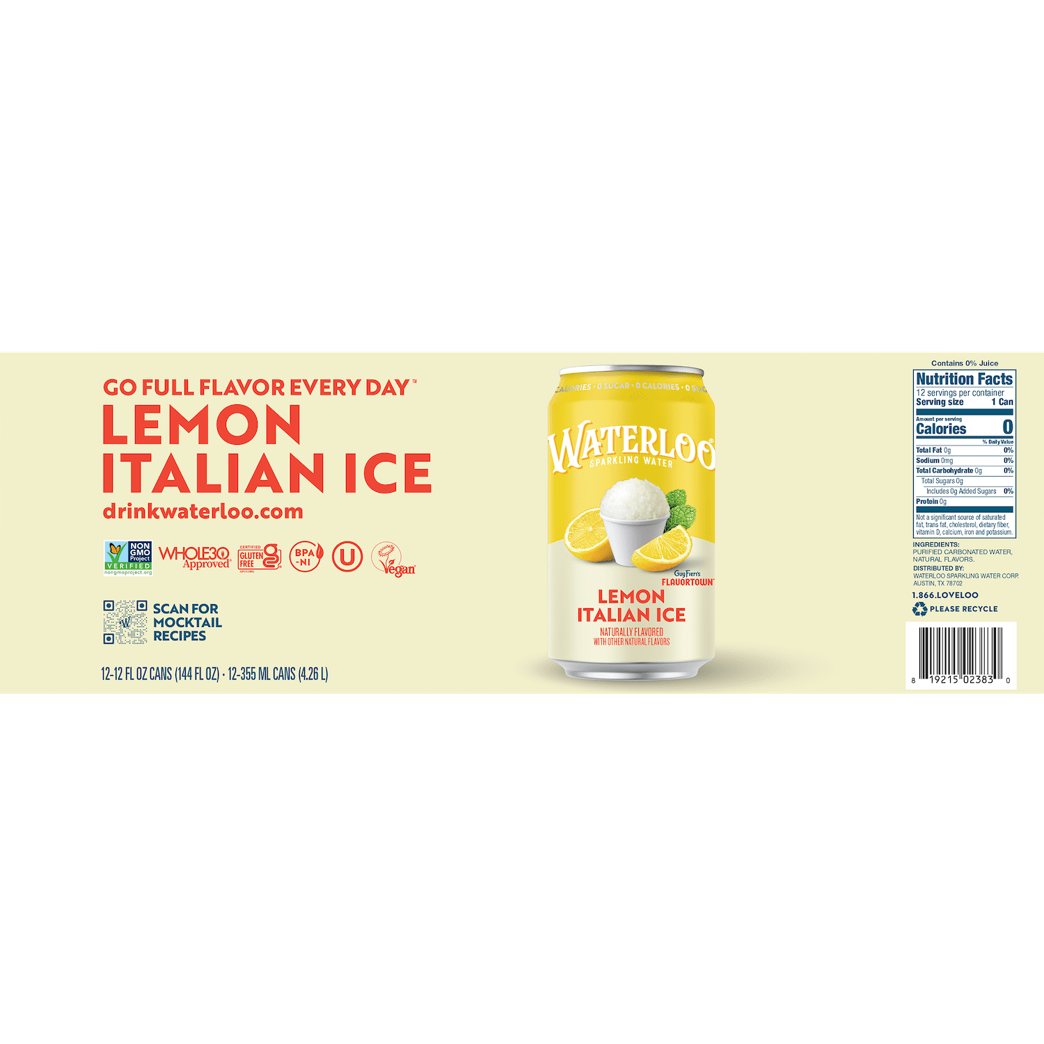 Waterloo Sparkling Water, Lemon Italian Ice, 12 fl oz, 12 Pack Cans