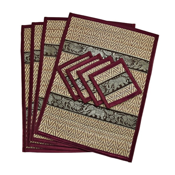 Set of 4 Mighty Elephant Red Silk Trim Reed Placemats and Coasters