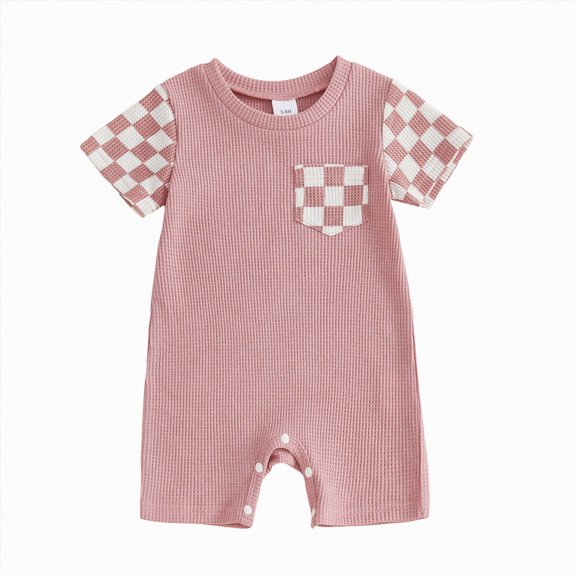 CAICJ98 Newborn Baby Boy Girl Clothes Checkered Plaid Romper Jumpsuit Short Sleeve One-Piece Bodysuit Infant Summer Outfit (Pink,12-18 Months)
