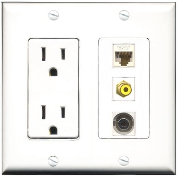 RiteAV - 15 Amp Power Outlet 1 Port RCA Yellow 1 Port 3.5mm 1 Port Cat6 Ethernet Ethernet White Decorative Wall Plate