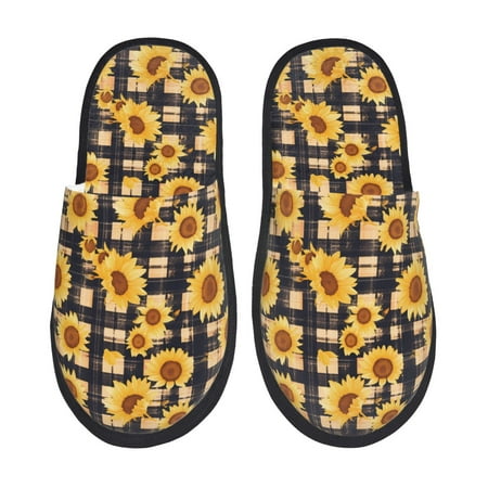 Balery Vintage Black White Plaid Sunflowe Slient Indoor Furry Fleece Comfort House Shoes Soft Non-Slip Home Shoes Cotton slippers House Slippers-- Large
