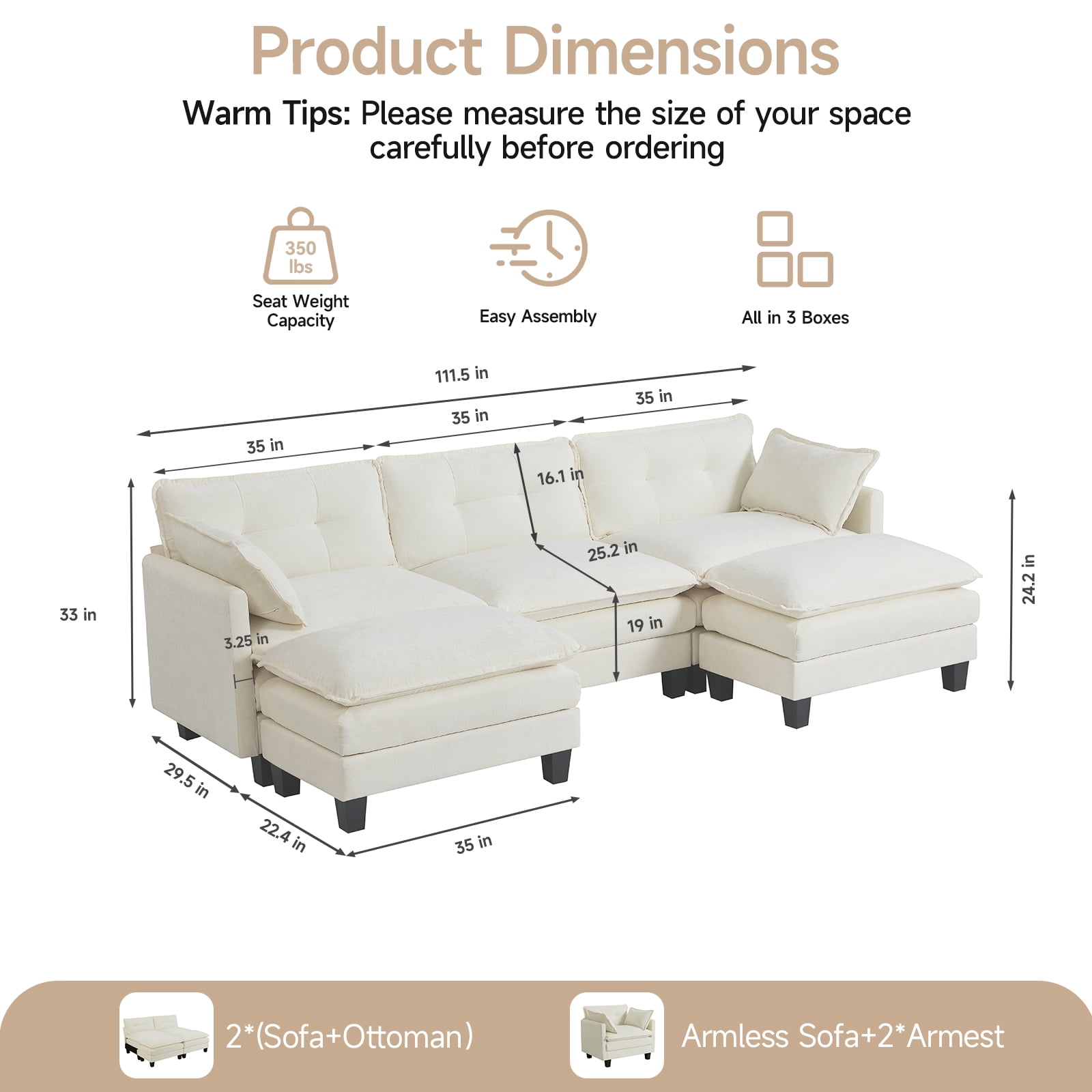 Amsleekey 111.5" Modular Sectional Sofa with 2 Movable Ottomans, U-Shaped Modern Chenille Cloud Couch for Living Room, Comfy Deep Seat Large Daybed, Beige