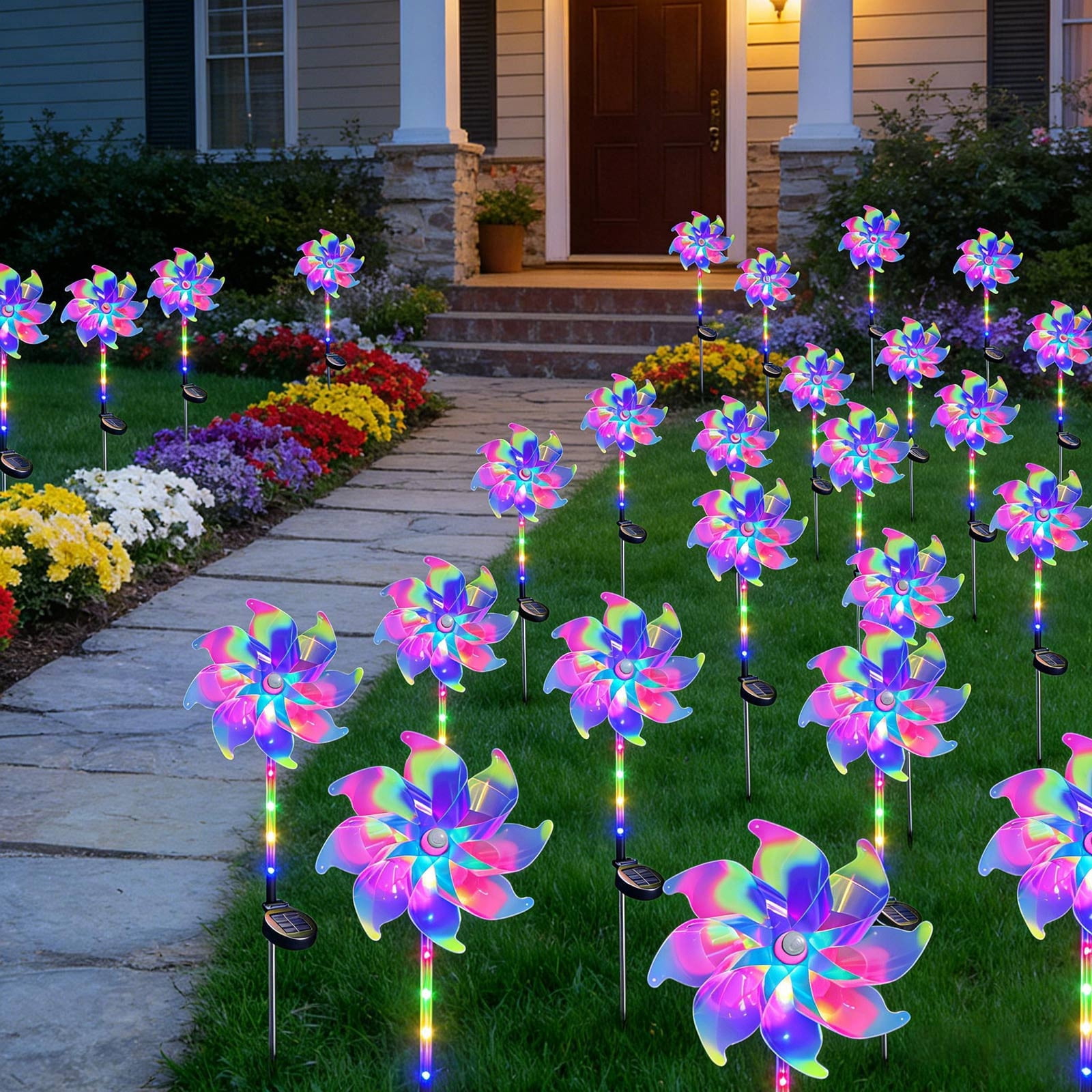 Magical Holographic Rainbow Solar Pinwheel Lights, 2pcs solar wind spinner lights,LED Windmill Garden Stake, Waterproof Outdoor Yard Lawn Patio Pathway, Color Changing Decor, Gift for Women Mom