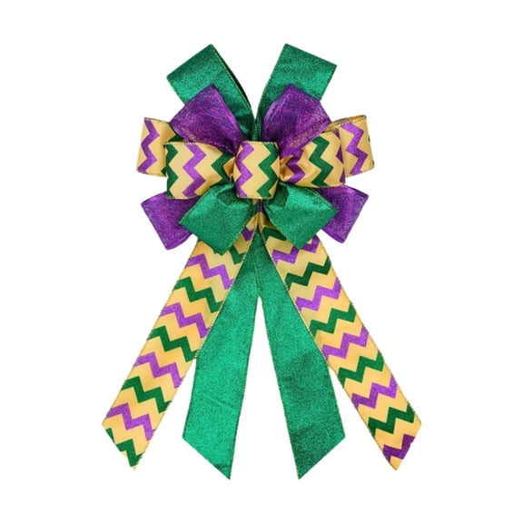 Large Mardi Gras Glitter Bow Decoration, 20x11" Purple Green Gold Carnival Wreath Bow for Front Door, Wall & Party Decor