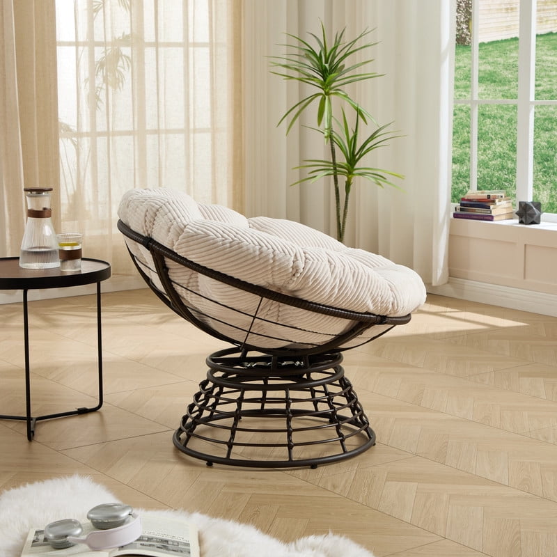 Howcool Indoor/Patio Swivel Chair with Corduroy Cushion, Round Accent Armless Rattan Egg Chair