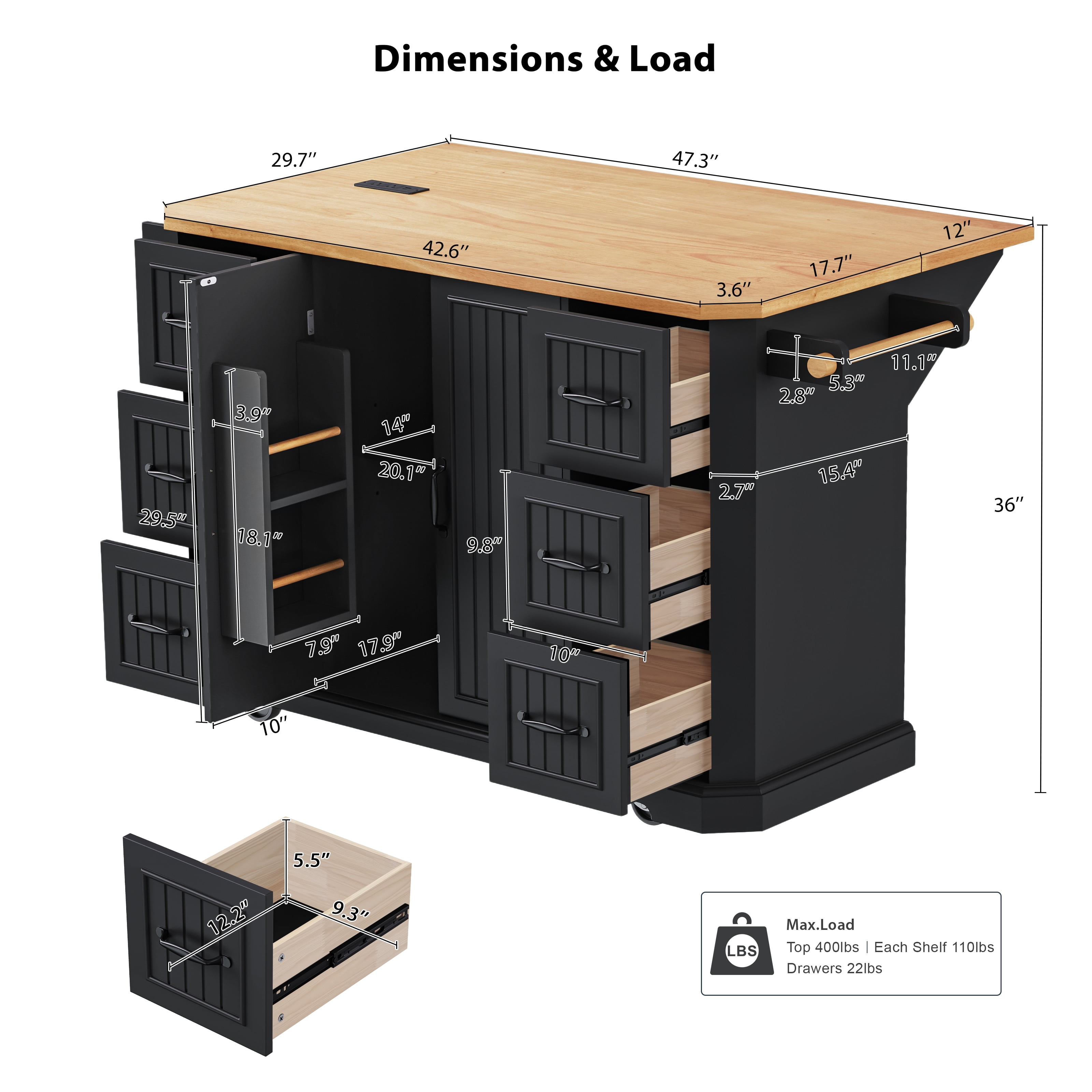 DTTRA 56" Kitchen Island with Drop Leaf & Power Outlet, Rolling Kitchen Cart on Wheels with 6 Drawers, 4-Door Shelves & Rubber Wood Top, Mobile Storage Cabinet for Kitchen & Dining Room, Black