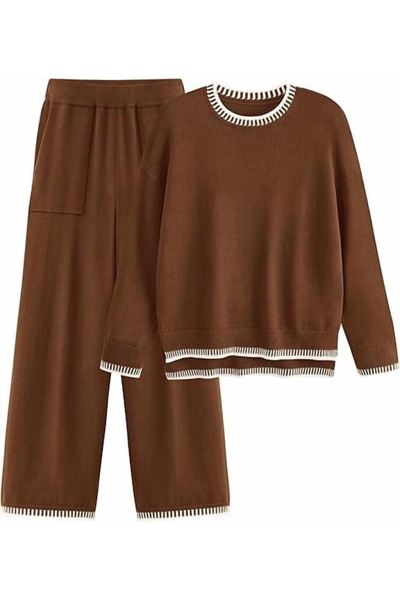 Women's 2 Piece Knit Sweater Outfit Casual Long Sleeve Pullover Wide Leg Pants Tracksuit Loungewear Set