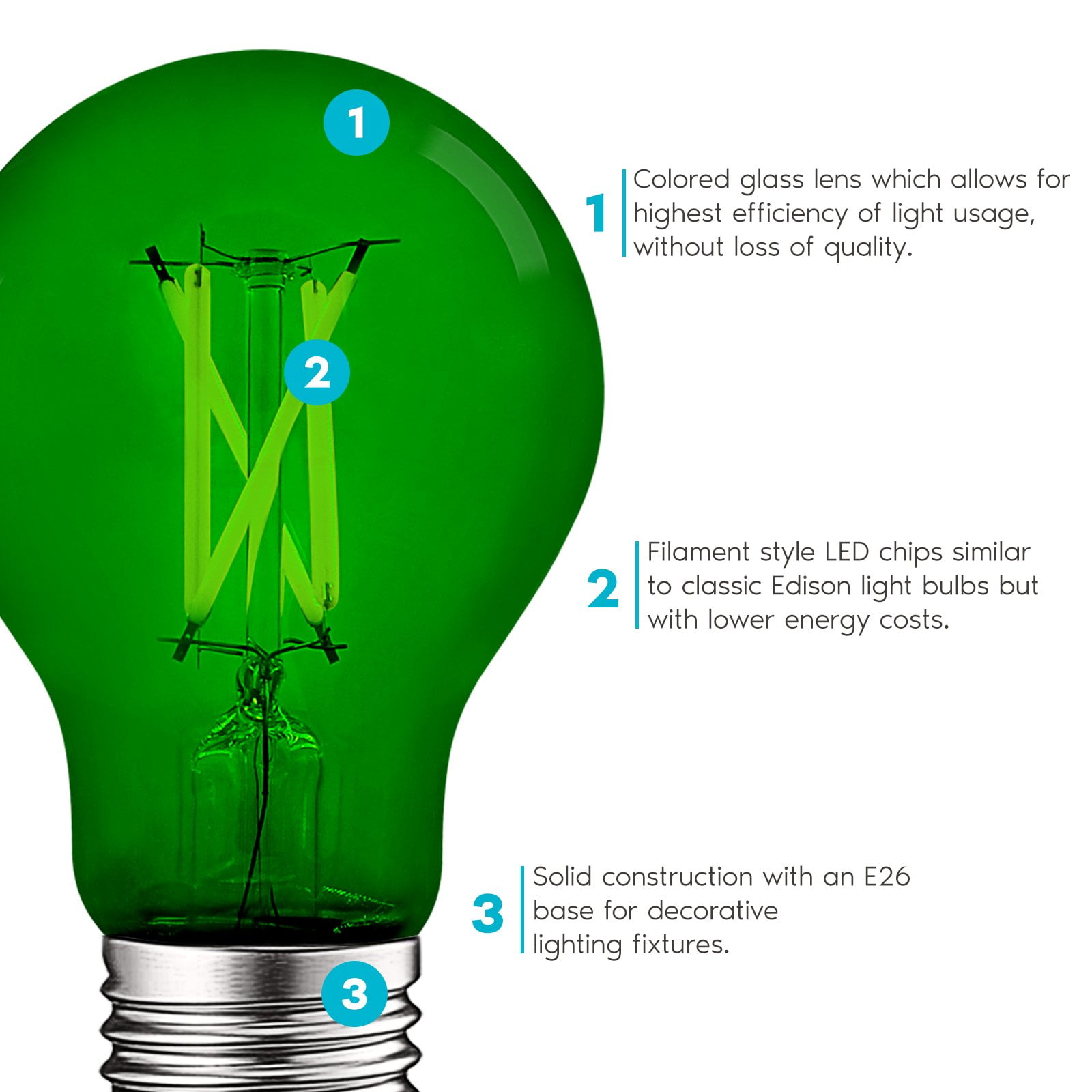 Luxrite A19 Edison LED Green Light Bulb 4.5W=60W E26 Base Indoor Outdoor Decoration Party Holiday Lighting 3 Pack