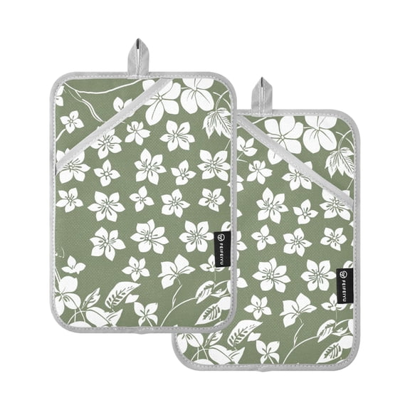 Olive Green with White Flowers Oven Mitts Pot Holders 2 pcs Heat Resistant for Kitchen Baking Grilling