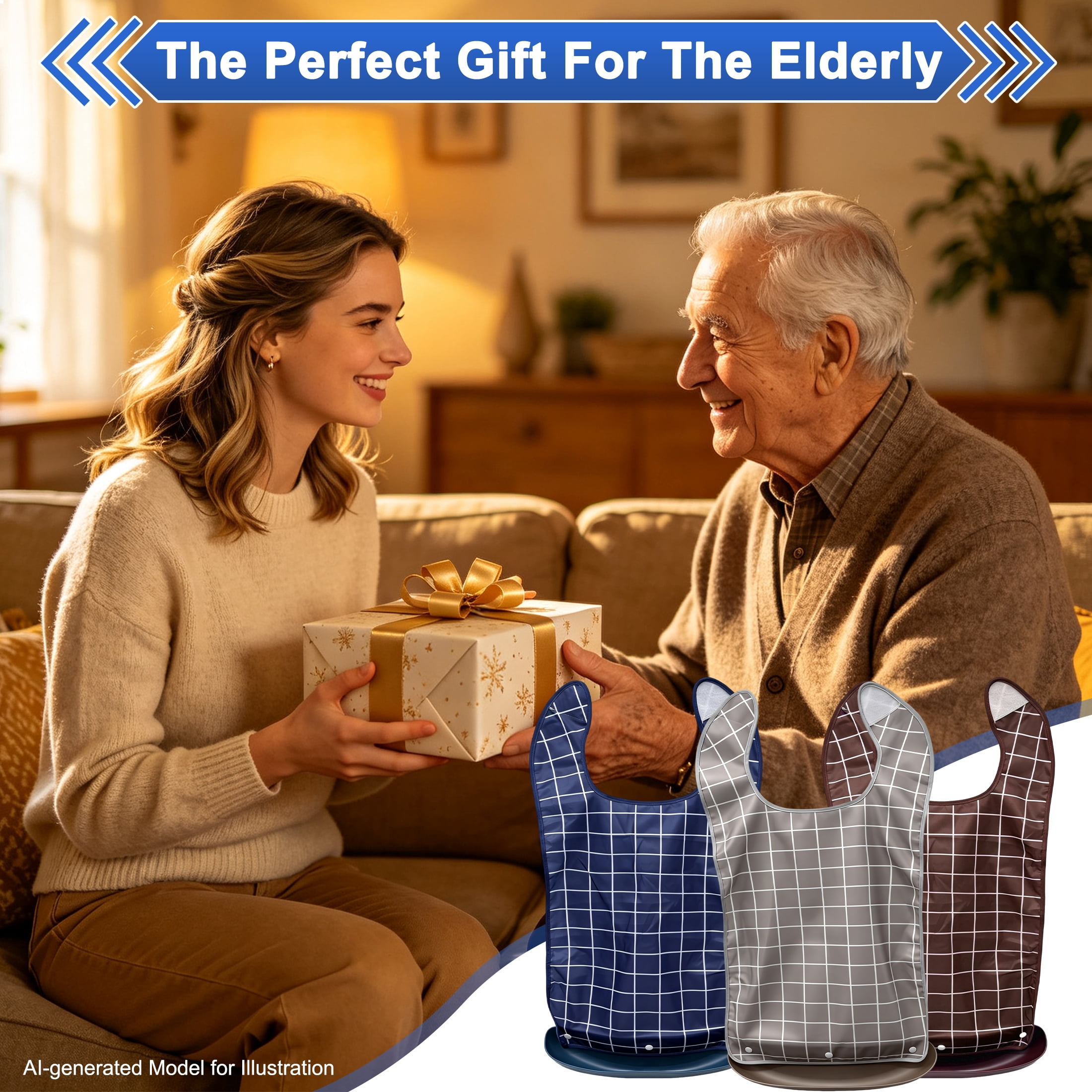 3 Pack Adult Bib for Eating, Waterproof Elderly Bib with Removable Food Catcher Tray, Reusable Large Clothing Protector, Washable Dining Apron for Seniors, Nursing Home, 28.34 × 26.77 Inch