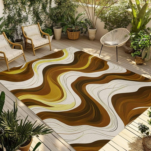 Fsddascl Geometric Brown Outdoor Rug for Patio/Deck/Porch, Non-Slip Large Area Rug 5 x 8 Ft, Gold Vintage White Stripe Coastal Sea Wave Indoor Outdoor Rugs Washable Area Rugs, Camping Rug Carpet