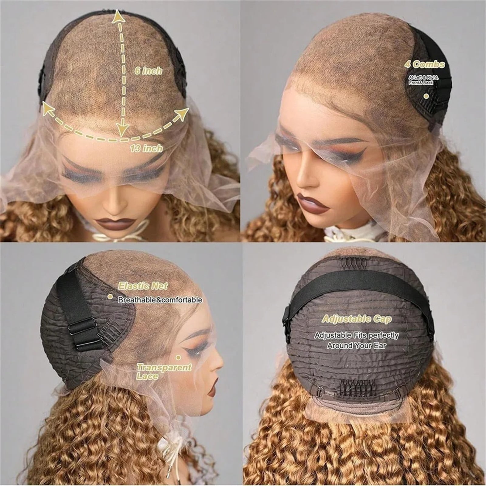 Curly HD Transparent Lace Front Wig Deep Wave Honey Blonde Human Hair Pre Plucked Wigs 200 Density
