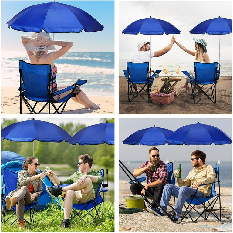 2 Sets Beach Chair with UPF 50 and Umbrella with Universal Clamp Folding Beach Chair with Mesh Cup Holder for Adult with Carrying Bag 360 Adjustable