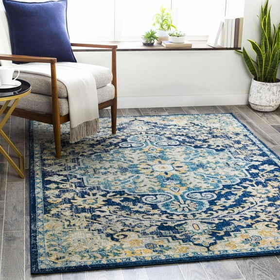Hauteloom Kurnell Living Room, Bedroom Boho Chic Area Rug - Traditional Vintage Medallion Carpet - Blue, Navy, Yellow - 6'7" x 9'