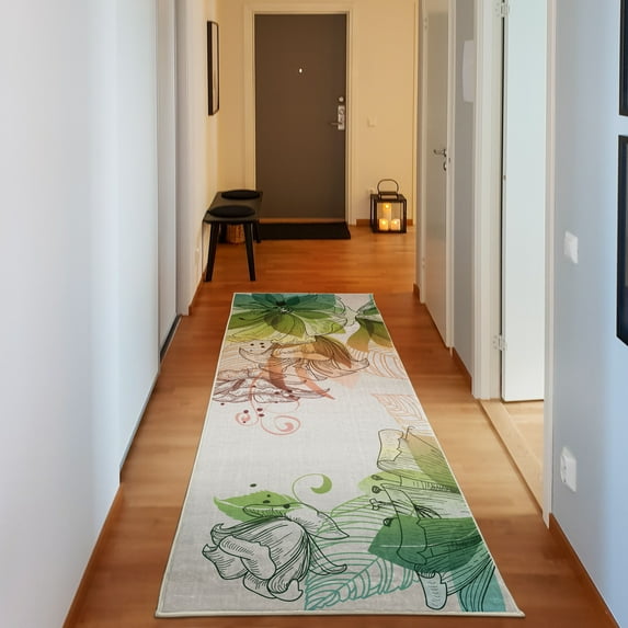 Flowers Decorative Rug, Buds Leaf at the top Left Corner Season Celebrating Theme Illustration, Quality Carpet for Bedroom Dorm and Living Room, 6 Sizes, White Multicolor, by Ambesonne