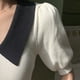 thumbnail image 4 of Blusa de punto con cuello vuelto, blusa de mujer de manga corta con bloques de color y cuello vuelto, camisa de punto de manga corta abullonada con acabado de lujo, 4 of 9